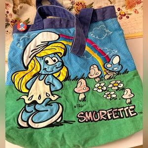 Vintage embroidered canvas Smurfette tote bag collector piece snap close smurfs
